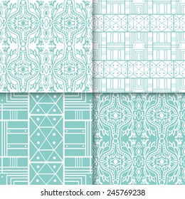 Blue graphic graphic seamless patterns set, trendy geometric background, hand drawn vector tribal ornament collection