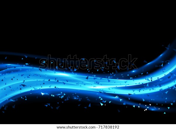 Blue\
graphic swoosh wave over dark background. Triangular speed\
particles flying concept layout. Vector\
illustration