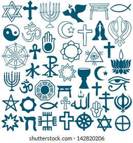 Blue Graphic Symbols Of Different Religions As Christianity, Islam, Judaism, Buddhism, Jainism, Sikhism Or Lamaism, On White Background