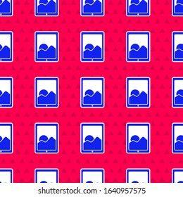 Blue Graphic tablet icon isolated seamless pattern on red background.  Vector Illustration