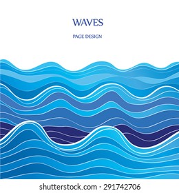 Blue graphic waves vector illustration. Blue watercolor wave silhouette with stripes. Ocean waves. Big blue water. Vertical Water page design, background. Eps 10.