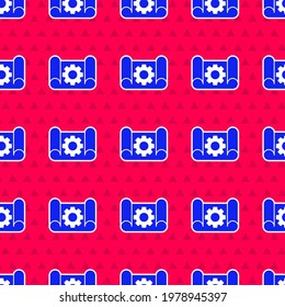 Blue Graphing paper for engineering and gear icon isolated seamless pattern on red background.  Vector Illustration