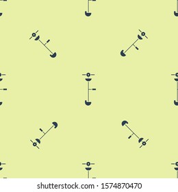 Blue Grass and weed electric string trimmer icon isolated seamless pattern on yellow background. Grass clipper, lawn mower isolated on white background.  Vector Illustration