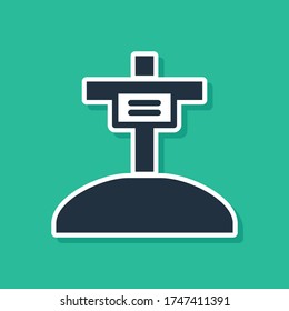 Blue Grave with cross icon isolated on green background.  Vector
