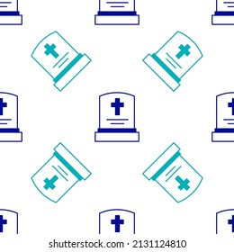 Blue Grave with tombstone icon isolated seamless pattern on white background.  Vector
