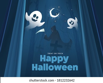 Blue Graveyard Forest Background with Crescent Moon, Cartoon Ghosts and Grim Reaper Holding Scythe for Happy Halloween Celebration.