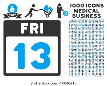 Blue And Gray 13 Friday Calendar Page vector icon with 1000 medical business pictograms. Set style is flat bicolor symbols, blue and gray colors, white background.