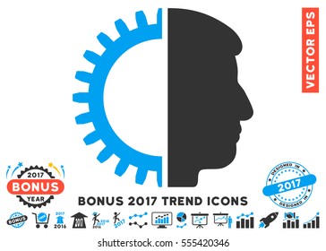 Blue And Gray Android Head pictograph with bonus 2017 year trend symbols. Vector illustration style is flat iconic bicolor symbols, white background.