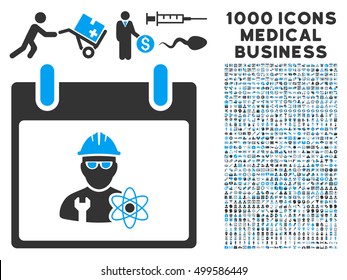 Blue And Gray Atomic Engineer Calendar Day vector icon with 1000 medical business pictograms. Set style is flat bicolor symbols, blue and gray colors, white background.