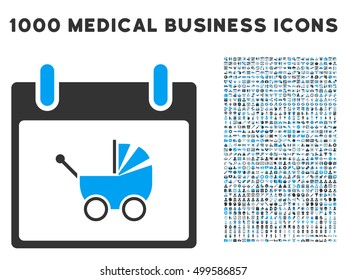 Blue And Gray Baby Carriage Calendar Day vector icon with 1000 medical business pictograms. Set style is flat bicolor symbols, blue and gray colors, white background.