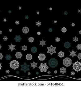 Blue and gray and black simple seamless Christmas pattern - varied Xmas snowflakes with dots. Happy New Year winter background. Vector design for textile, wallpaper, fabric, wrapping paper.