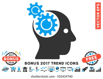 Blue And Gray Brain Gears Rotation pictograph with bonus 2017 trend pictograph collection. Vector illustration style is flat iconic bicolor symbols, white background.
