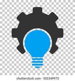 Blue And Gray Bulb Configuration Gear interface pictogram. Vector pictograph style is a flat bicolor symbol on chess transparent background.
