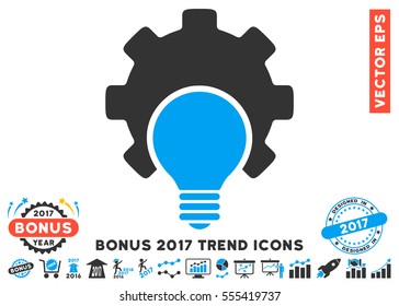 Blue And Gray Bulb Configuration Gear pictograph with bonus 2017 trend clip art. Vector illustration style is flat iconic bicolor symbols, white background.