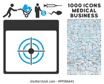 Blue And Gray Bullseye Calendar Page vector icon with 1000 medical business pictograms. Set style is flat bicolor symbols, blue and gray colors, white background.