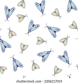 Blue And Gray Butterflies Isolated On White Background Seamless Pattern. Hand Drawn Bugs Repeating Pattern