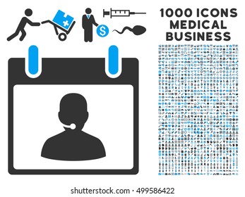 Blue And Gray Call Center Manager Calendar Day vector icon with 1000 medical business pictograms. Set style is flat bicolor symbols, blue and gray colors, white background.
