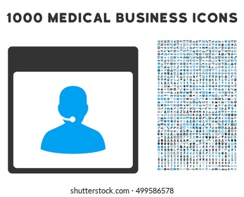 Blue And Gray Call Center Manager Calendar Page vector icon with 1000 medical business pictograms. Set style is flat bicolor symbols, blue and gray colors, white background.