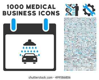 Blue And Gray Car Shower Calendar Day vector icon with 1000 medical business pictograms. Set style is flat bicolor symbols, blue and gray colors, white background.
