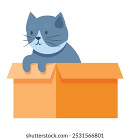 Blue gray cat sitting inside open cardboard box, cute pet playing at home