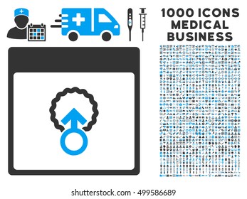 Blue And Gray Cell Penetration Calendar Page vector icon with 1000 medical business pictograms. Set style is flat bicolor symbols, blue and gray colors, white background.
