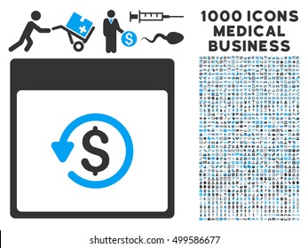 Blue And Gray Chargeback Calendar Page vector icon with 1000 medical business pictograms. Set style is flat bicolor symbols, blue and gray colors, white background.