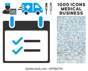 Blue And Gray Check Items Calendar Day vector icon with 1000 medical business pictograms. Set style is flat bicolor symbols, blue and gray colors, white background.