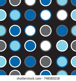 Blue gray circles on a black background. Seamless geometric pattern. Geometrical simple printing. Vector repeating textures.