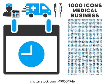 Blue And Gray Clock Calendar Day vector icon with 1000 medical business pictograms. Set style is flat bicolor symbols, blue and gray colors, white background.