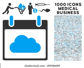 Blue And Gray Cloud Calendar Day vector icon with 1000 medical business pictograms. Set style is flat bicolor symbols, blue and gray colors, white background.