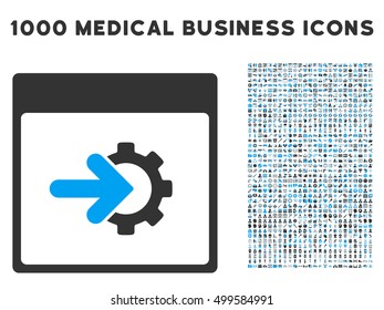 Blue And Gray Cog Integration Calendar Page vector icon with 1000 medical business pictograms. Set style is flat bicolor symbols, blue and gray colors, white background.