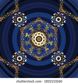 Blau und Grau mit goldenen Elementen. Gold Metall mit Blumenmuster. Vektor goldene Blumenverzierungen Brokat Textil und Glas Muster. Nahtloses goldenes Muster.