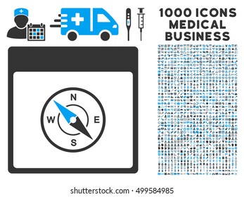 Blue And Gray Compass Calendar Page vector icon with 1000 medical business pictograms. Set style is flat bicolor symbols, blue and gray colors, white background.