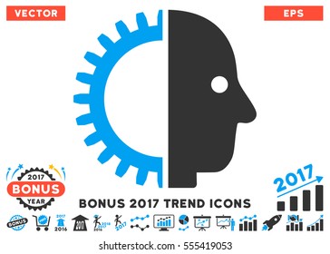 Blue And Gray Cyborg Head icon with bonus 2017 year trend pictures. Vector illustration style is flat iconic bicolor symbols, white background.