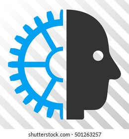 Blue And Gray Cyborg Head interface toolbar pictogram. Vector pictograph style is a flat bicolor symbol on diagonal hatch transparent background.