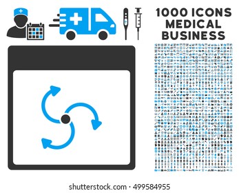 Blue And Gray Cyclone Calendar Page vector icon with 1000 medical business pictograms. Set style is flat bicolor symbols, blue and gray colors, white background.