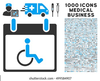 Blue And Gray Disabled Person Calendar Day vector icon with 1000 medical business pictograms. Set style is flat bicolor symbols, blue and gray colors, white background.