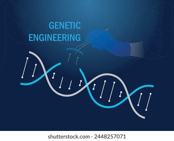 Una cadena de ADN azul y gris con una mano sosteniendo pinzas, simulando la extracción de una zona de ADN. La Imagen se titula "Ingeniería genética

