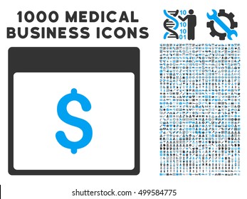 Blue And Gray Dollar Currency Calendar Page vector icon with 1000 medical business pictograms. Set style is flat bicolor symbols, blue and gray colors, white background.