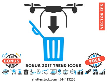 Blue And Gray Drone Drop Trash pictogram with bonus 2017 trend symbols. Vector illustration style is flat iconic bicolor symbols, white background.