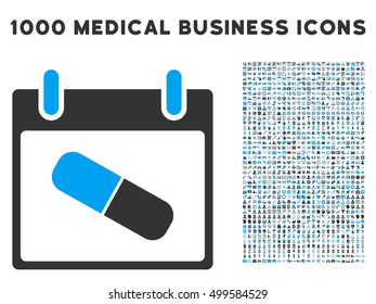 Blue And Gray Drugs Pill Calendar Day vector icon with 1000 medical business pictograms. Set style is flat bicolor symbols, blue and gray colors, white background.