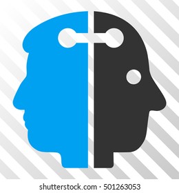 Blue And Gray Dual Head Connection interface toolbar pictogram. Vector pictograph style is a flat bicolor symbol on diagonal hatch transparent background.