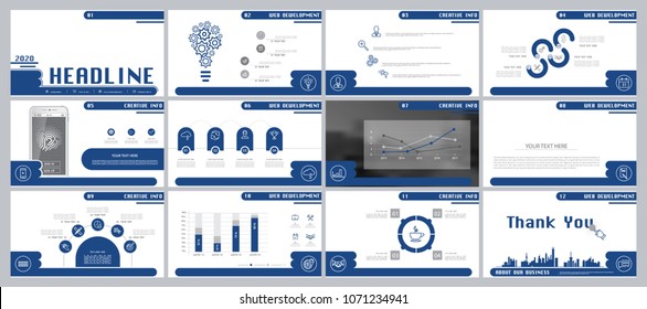 Blue, gray, elements for infographics on a white background. The best set of presentation templates. Presentation, leaflet and flyer, corporate report, Internet, marketing, advertising, annual report