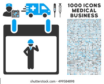 Blue And Gray Engineer Calendar Day vector icon with 1000 medical business pictograms. Set style is flat bicolor symbols, blue and gray colors, white background.
