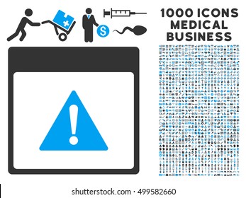 Blue And Gray Error Calendar Page vector icon with 1000 medical business pictograms. Set style is flat bicolor symbols, blue and gray colors, white background.