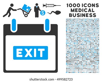 Blue And Gray Exit Caption Calendar Day vector icon with 1000 medical business pictograms. Set style is flat bicolor symbols, blue and gray colors, white background.