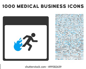 Blue And Gray Fire Evacuation Man Calendar Page vector icon with 1000 medical business pictograms. Set style is flat bicolor symbols, blue and gray colors, white background.
