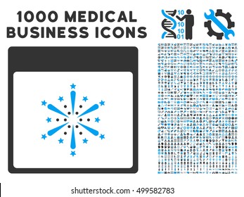 Blue And Gray Fireworks Boom Calendar Page vector icon with 1000 medical business pictograms. Set style is flat bicolor symbols, blue and gray colors, white background.