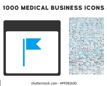 Blue And Gray Flag Calendar Page vector icon with 1000 medical business pictograms. Set style is flat bicolor symbols, blue and gray colors, white background.