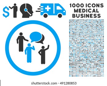 Blue And Gray Forum Persons vector bicolor rounded icon. Image style is a flat icon symbol inside a circle, white background. Bonus clip art is 1000 health care business pictograms.